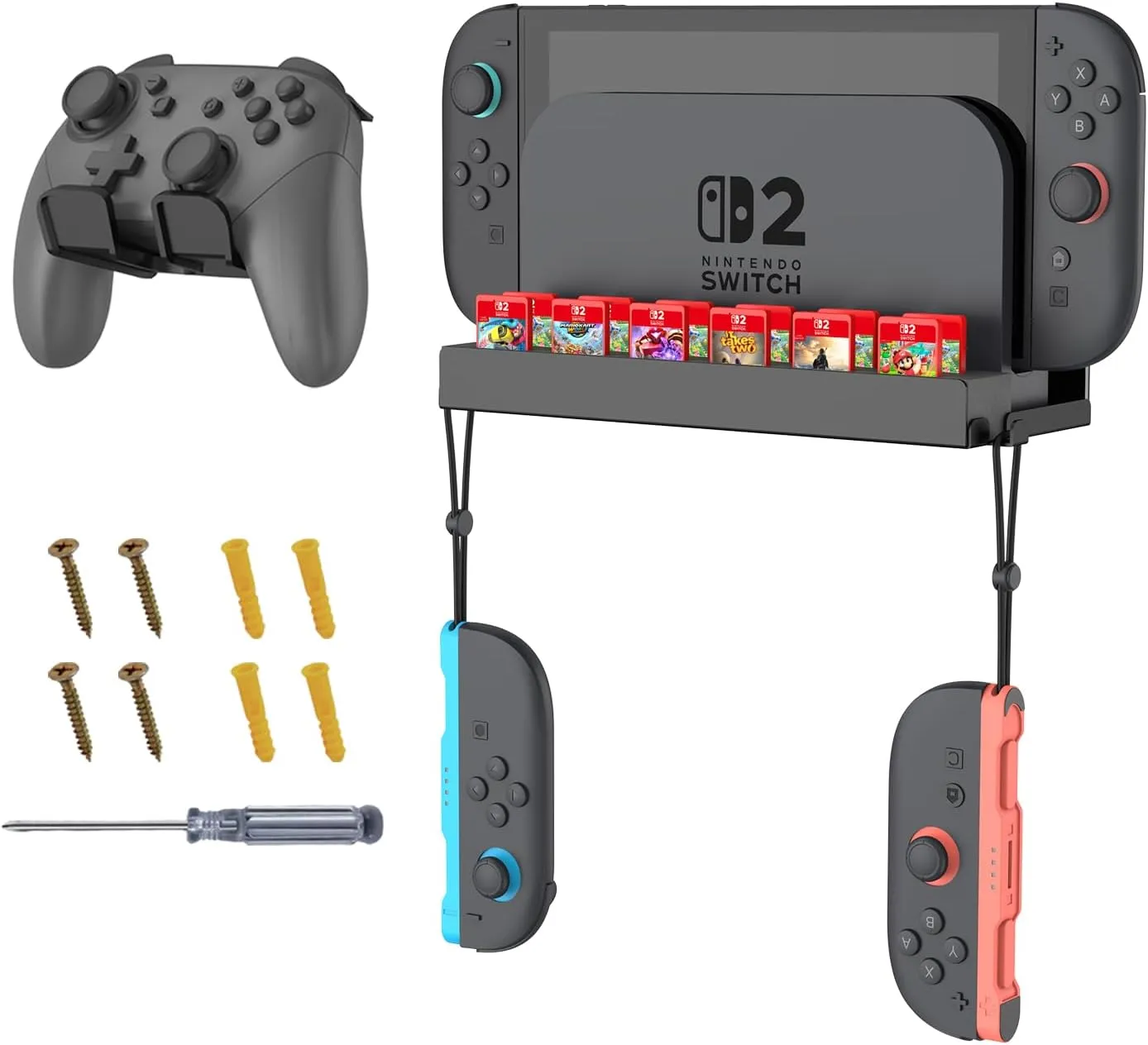 Fintie Wall Mount for Nintendo Switch 2, Metal Wall Mount Kit with 1 Controller Holder, 12 Game Card Holders, 2 Joy-Con Hooks, Space-Saving Console Organizer Behind TV, Black