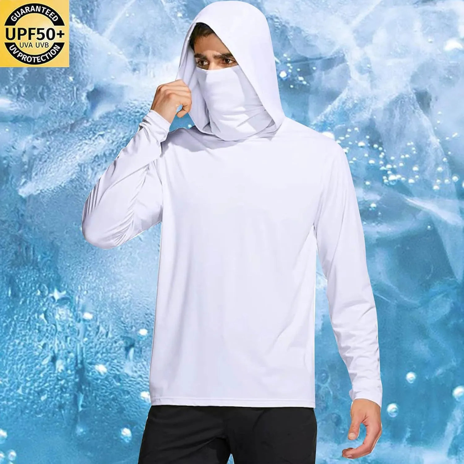 Fishing Shirts for Men UPF 50  Sun Protection Hooded Shirt with Mask Rash Guard Long Sleeve Hiking Cooling Blouses