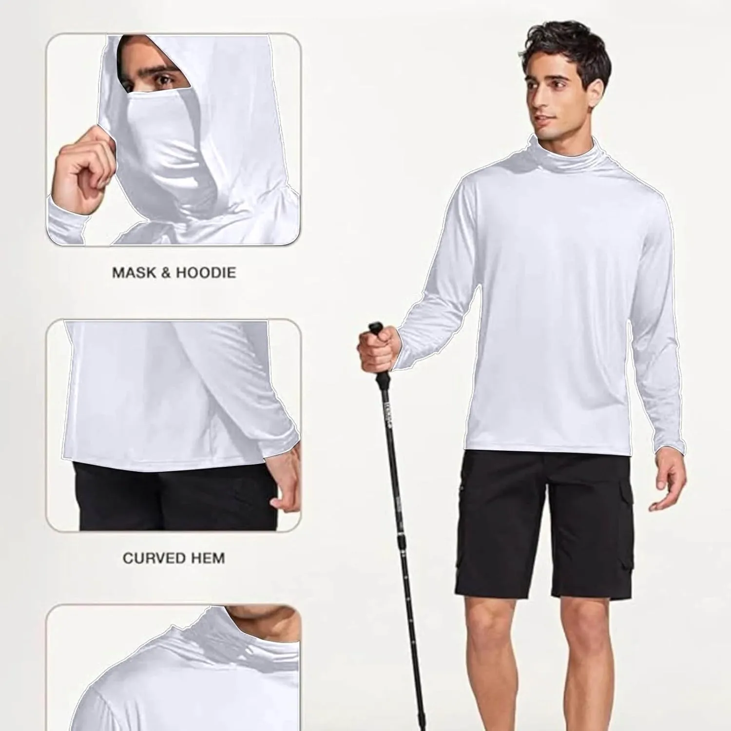 Fishing Shirts for Men UPF 50  Sun Protection Hooded Shirt with Mask Rash Guard Long Sleeve Hiking Cooling Blouses
