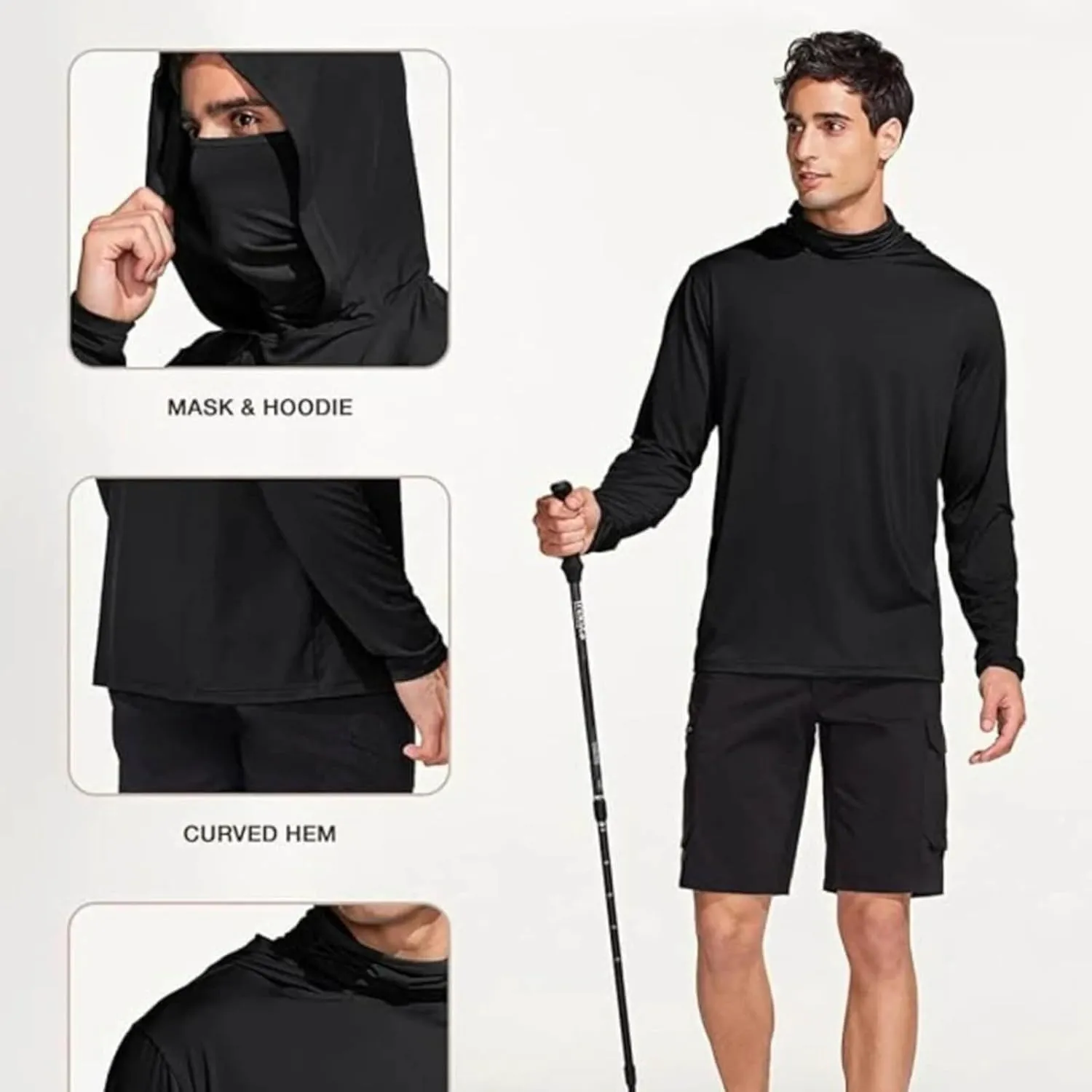 Fishing Shirts for Men UPF 50  Sun Protection Hooded Shirt with Mask Rash Guard Long Sleeve Hiking Cooling Blouses