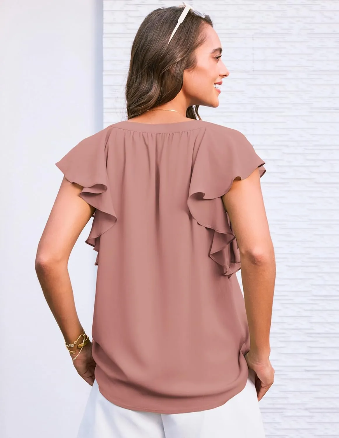 GRACE KARIN 2025 Womens Dressy Casual Ruffle Short Sleeve Summer Tops V Neck Loose Fit Blouse Chiffon Shirt