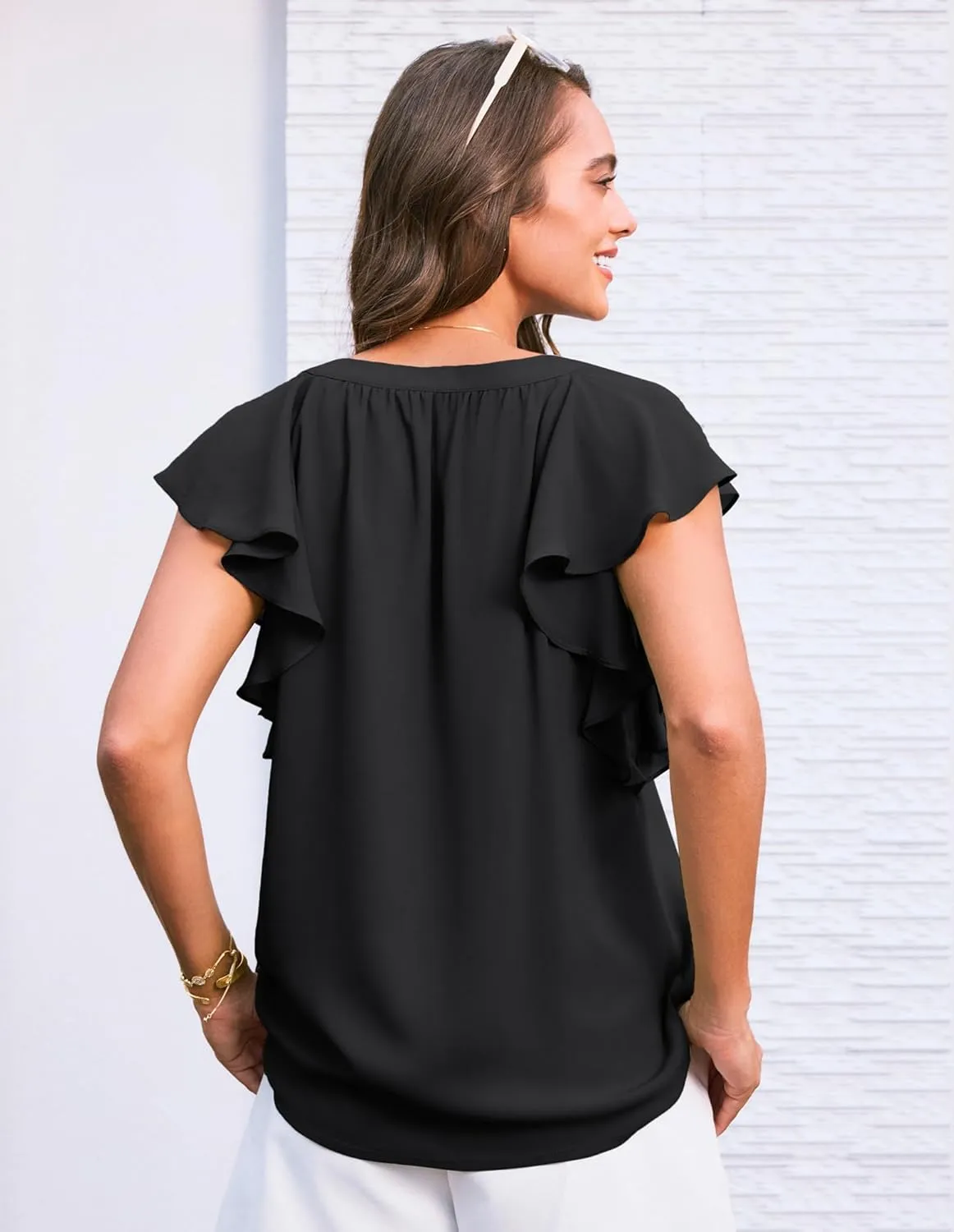 GRACE KARIN 2025 Womens Dressy Casual Ruffle Short Sleeve Summer Tops V Neck Loose Fit Blouse Chiffon Shirt