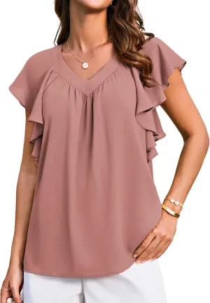 GRACE KARIN 2025 Womens Dressy Casual Ruffle Short Sleeve Summer Tops V Neck Loose Fit Blouse Chiffon Shirt