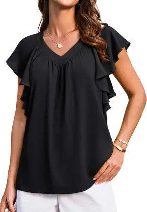 GRACE KARIN 2025 Womens Dressy Casual Ruffle Short Sleeve Summer Tops V Neck Loose Fit Blouse Chiffon Shirt
