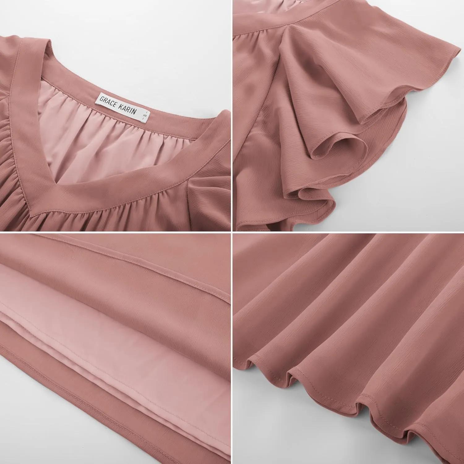 GRACE KARIN 2025 Womens Dressy Casual Ruffle Short Sleeve Summer Tops V Neck Loose Fit Blouse Chiffon Shirt