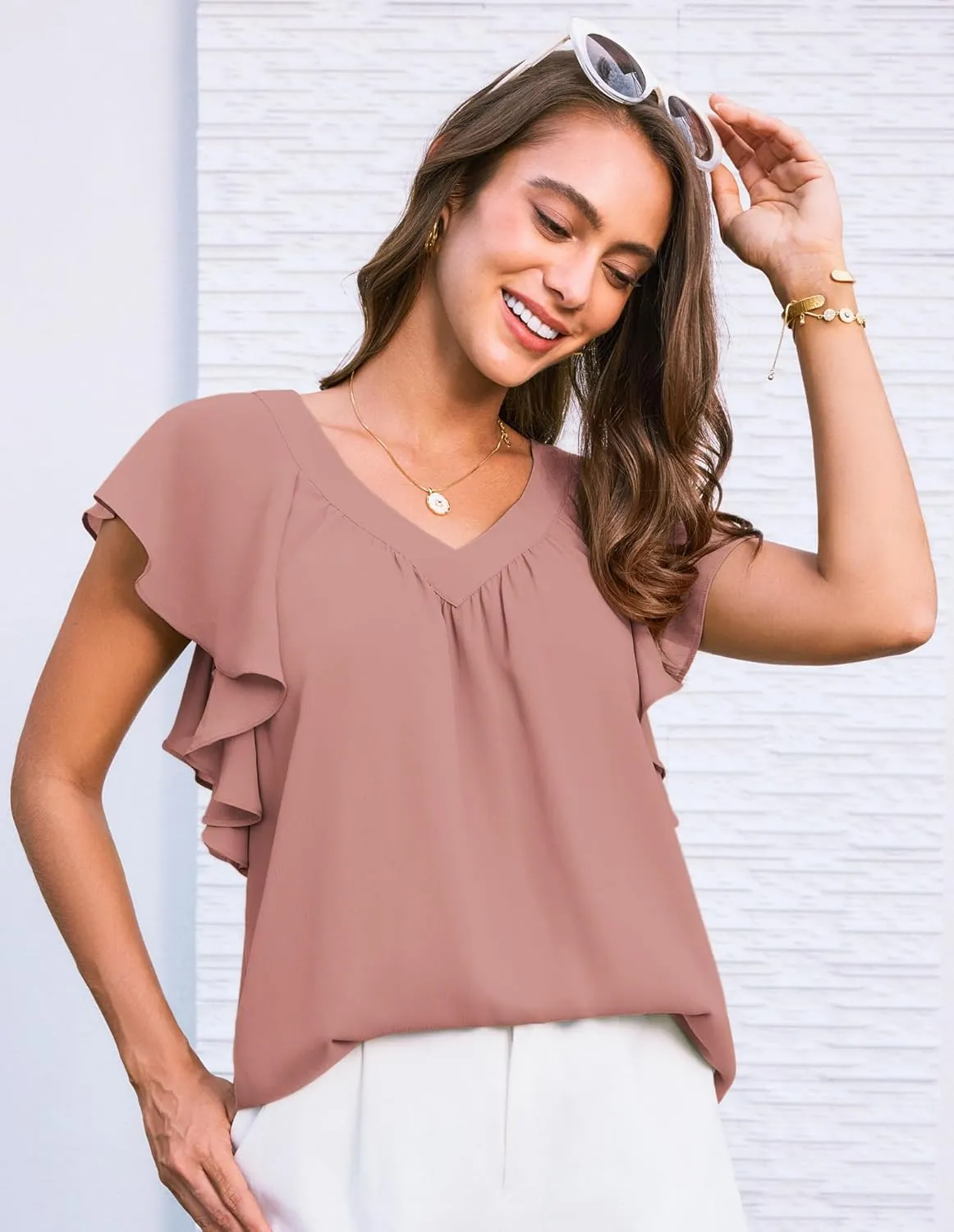 GRACE KARIN 2025 Womens Dressy Casual Ruffle Short Sleeve Summer Tops V Neck Loose Fit Blouse Chiffon Shirt