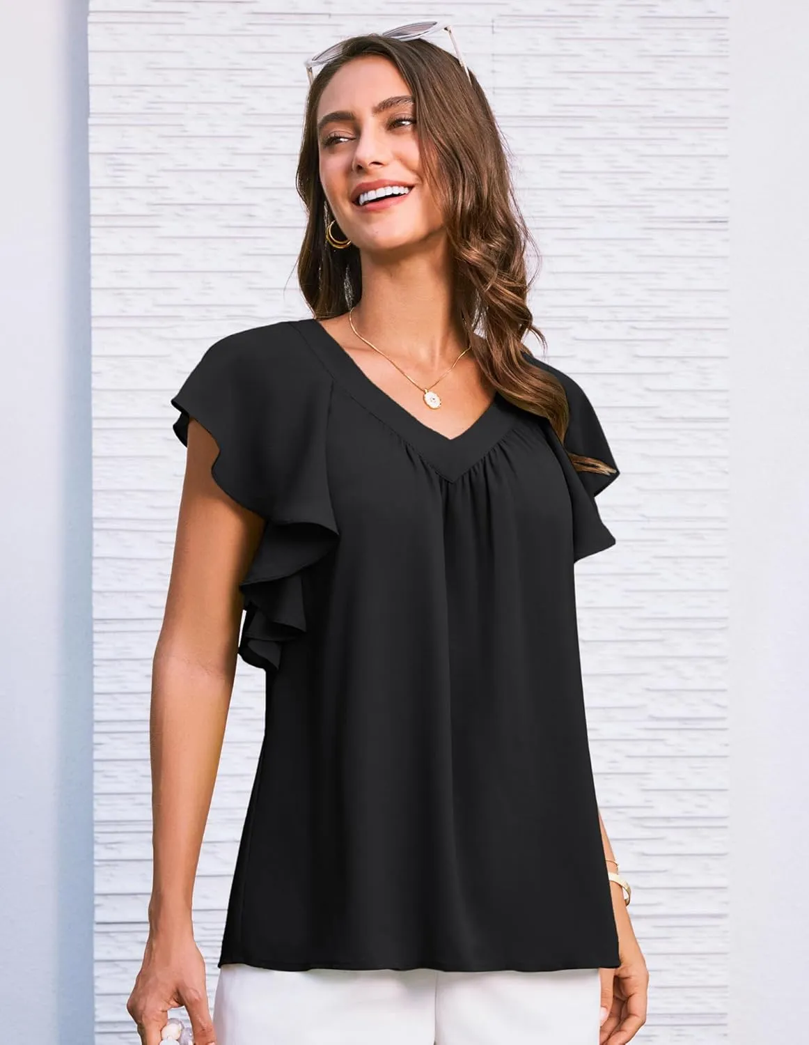 GRACE KARIN 2025 Womens Dressy Casual Ruffle Short Sleeve Summer Tops V Neck Loose Fit Blouse Chiffon Shirt