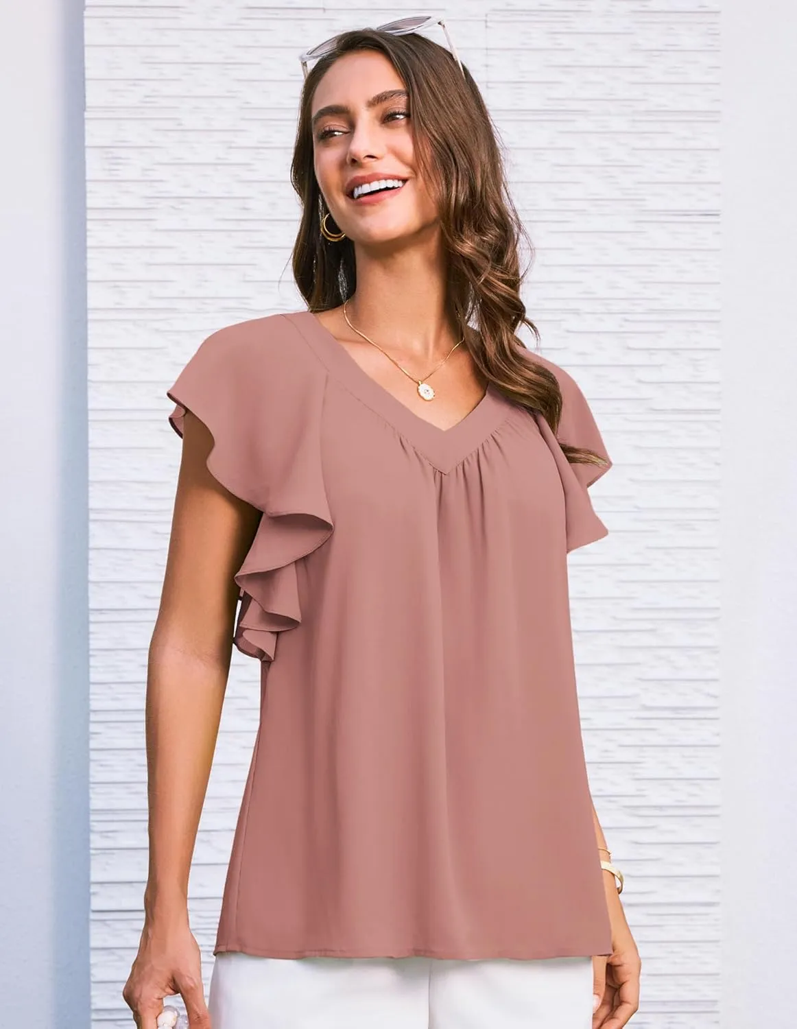 GRACE KARIN 2025 Womens Dressy Casual Ruffle Short Sleeve Summer Tops V Neck Loose Fit Blouse Chiffon Shirt