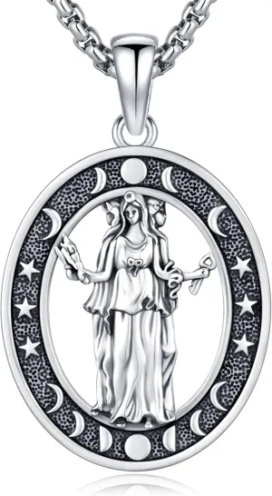 Hecate Wiccan Triple Moon Goddess Necklace Tetragrammaton Nudo De Bruja Plata 925 Original Sterling Silver Cat Moon Pendant Hekate Witch Necklace Amulet Witchy Jewelry Gifts for Women Men