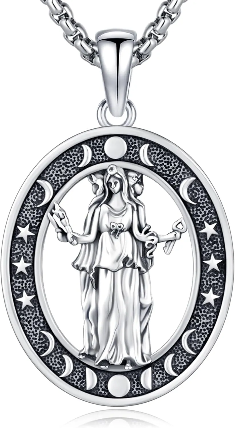 Hecate Wiccan Triple Moon Goddess Necklace Tetragrammaton Nudo De Bruja Plata 925 Original Sterling Silver Cat Moon Pendant Hekate Witch Necklace Amulet Witchy Jewelry Gifts for Women Men