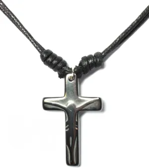 Hematite Cool Crucifix Shadow Cross Pendant Black Cord Adjustable Necklace 16"