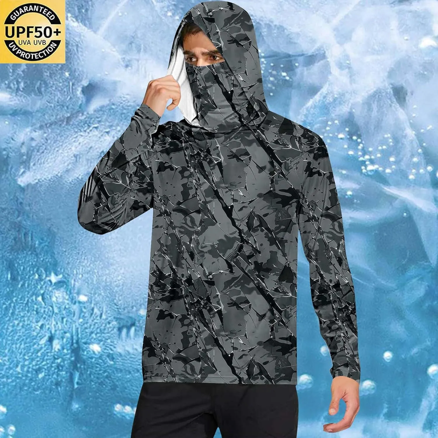 Men's Sun Protection Hoodie with Mask Men Rash Guard Performance Swim Fishing Hiking Shirt Long Sleeve Shirt