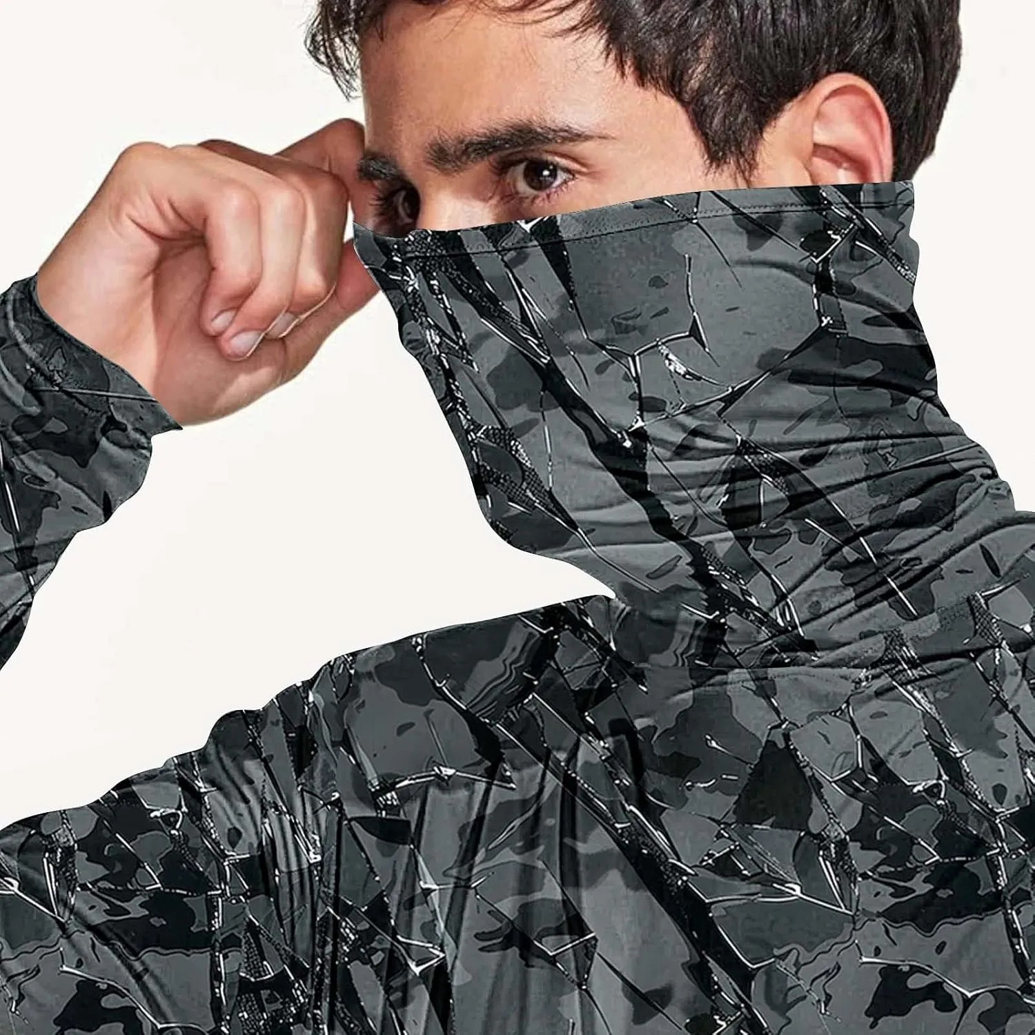 Men's Sun Protection Hoodie with Mask Men Rash Guard Performance Swim Fishing Hiking Shirt Long Sleeve Shirt
