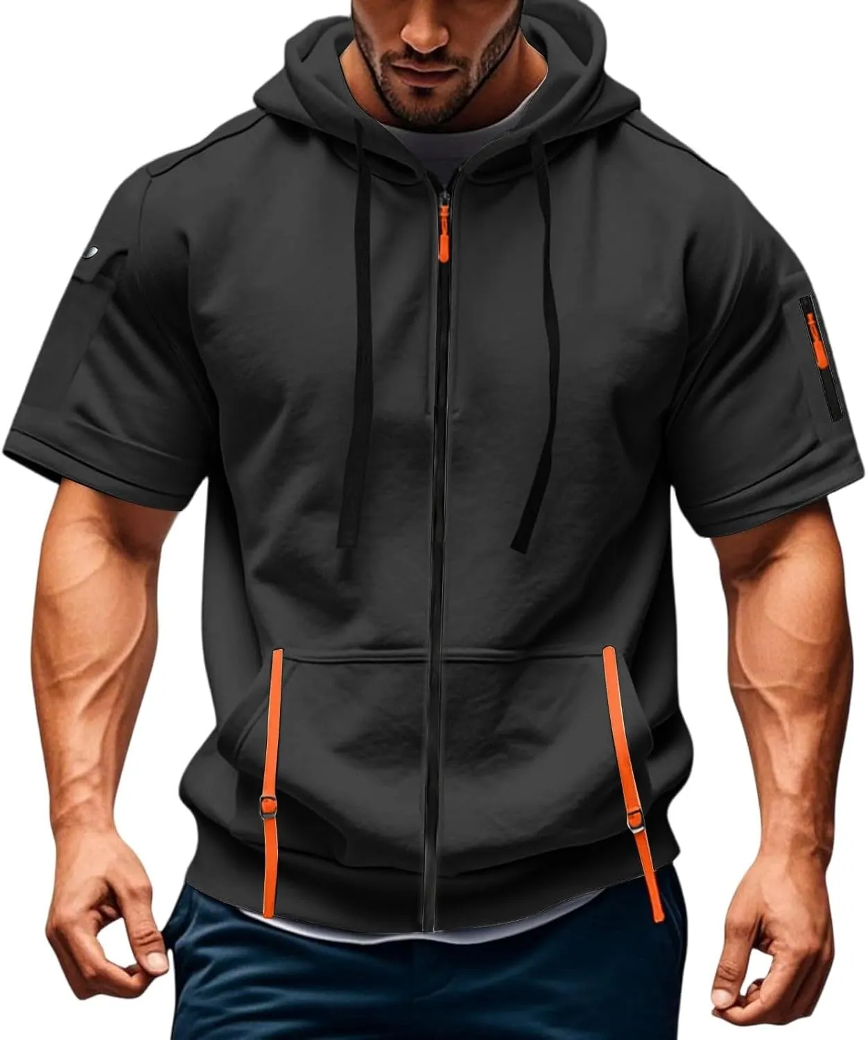 Mens Tactical Full Zip Hoodies Short Sleeve Hooded Cargo Workout Outdoor Sweatshirt with Pockets