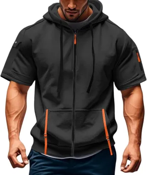 Mens Tactical Full Zip Hoodies Short Sleeve Hooded Cargo Workout Outdoor Sweatshirt with Pockets