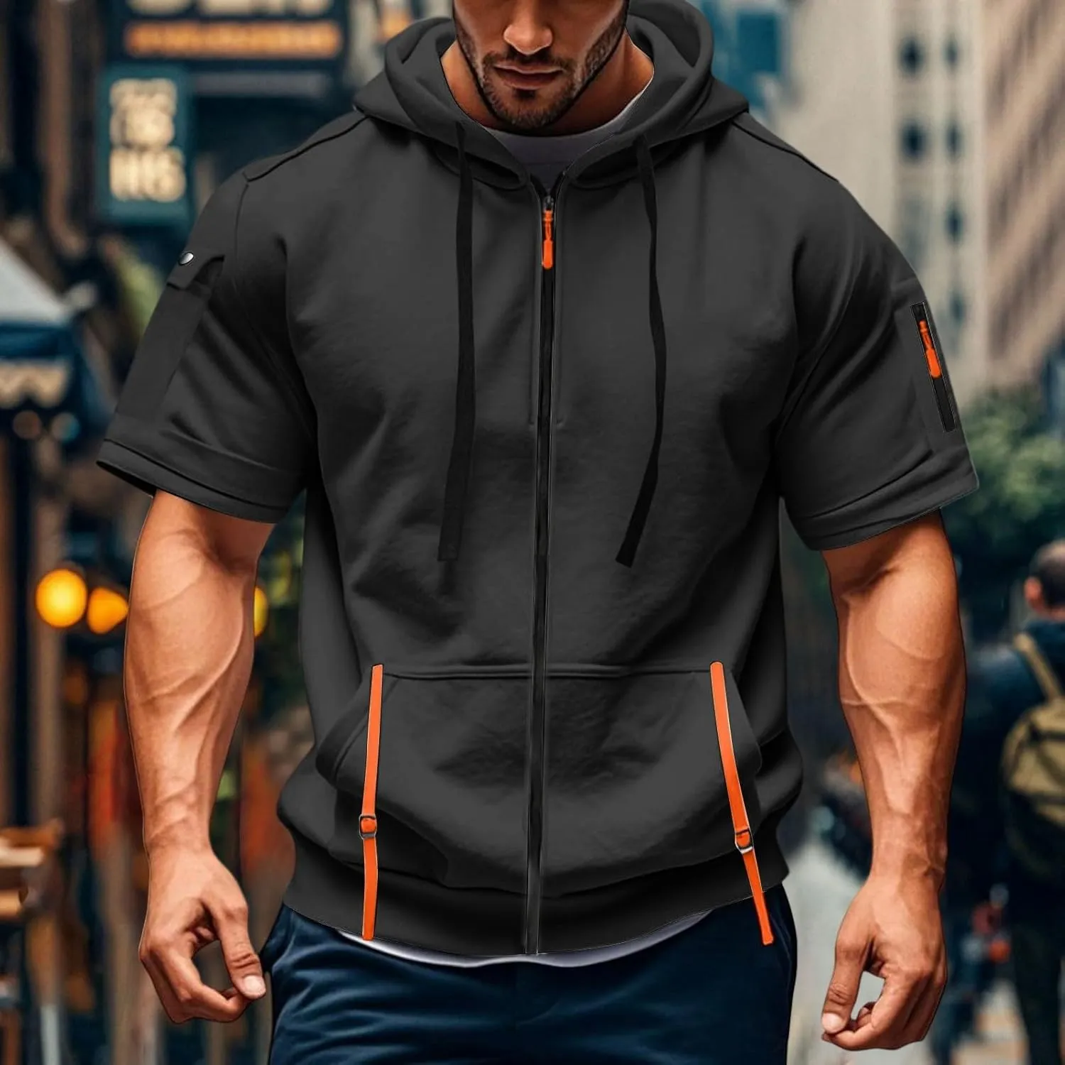 Mens Tactical Full Zip Hoodies Short Sleeve Hooded Cargo Workout Outdoor Sweatshirt with Pockets