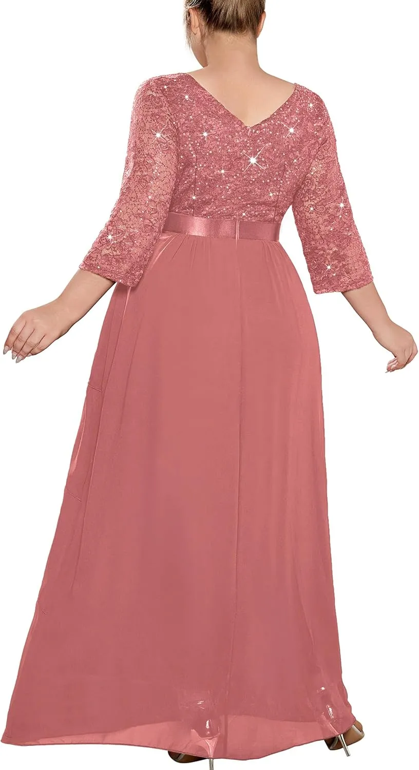MISSMAY Women's Plus Size Sequins Lace Ruffle Tiered Layered Chiffon Formal Maxi Dress