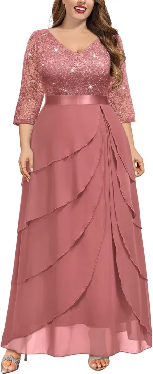 MISSMAY Women's Plus Size Sequins Lace Ruffle Tiered Layered Chiffon Formal Maxi Dress