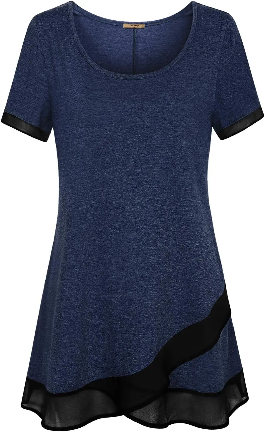 Miusey Womens Short Sleeve Tunic Tops Scoop Neck Asymmetrical Hem Tunics Chiffon Patchwork Flowy Tunic Shirts for Leggings