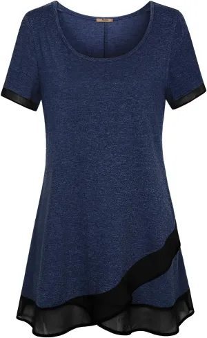 Miusey Womens Short Sleeve Tunic Tops Scoop Neck Asymmetrical Hem Tunics Chiffon Patchwork Flowy Tunic Shirts for Leggings
