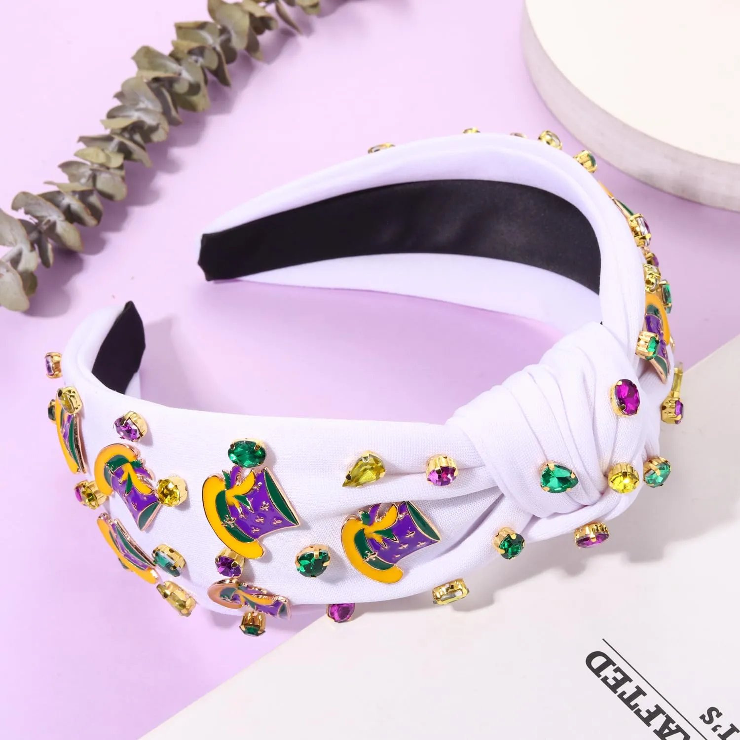 MOLOCH Mardi Gras Enamel Top Hat Headband for Women - Purple, Yellow, Green Carnival Crystal Hair Accessory - Fat Tuesday Gifts