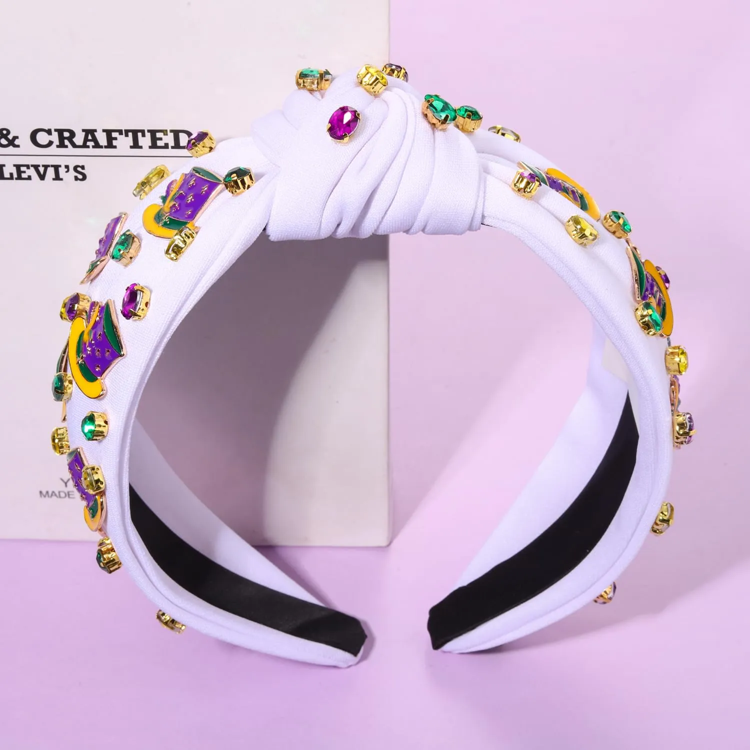 MOLOCH Mardi Gras Enamel Top Hat Headband for Women - Purple, Yellow, Green Carnival Crystal Hair Accessory - Fat Tuesday Gifts