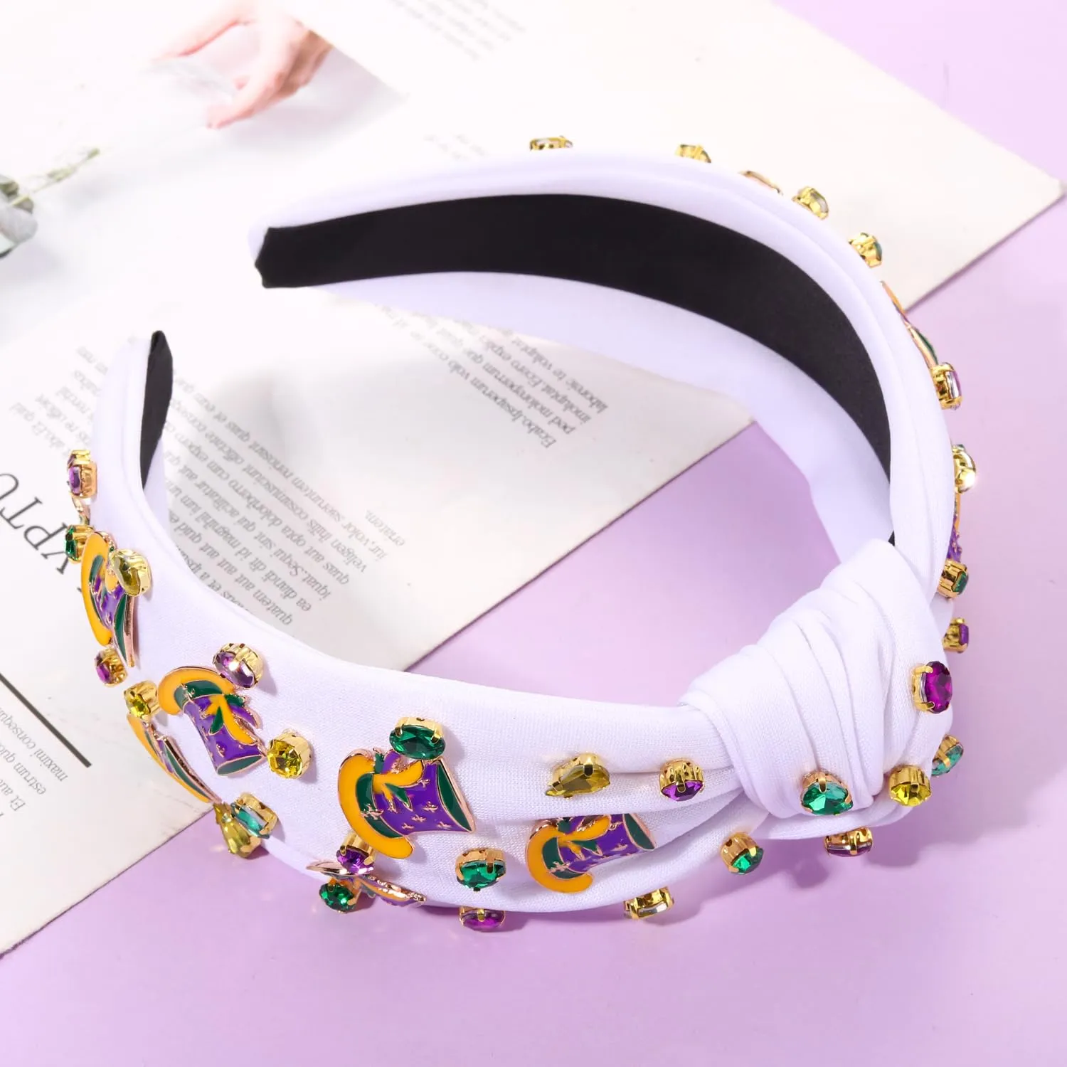 MOLOCH Mardi Gras Enamel Top Hat Headband for Women - Purple, Yellow, Green Carnival Crystal Hair Accessory - Fat Tuesday Gifts