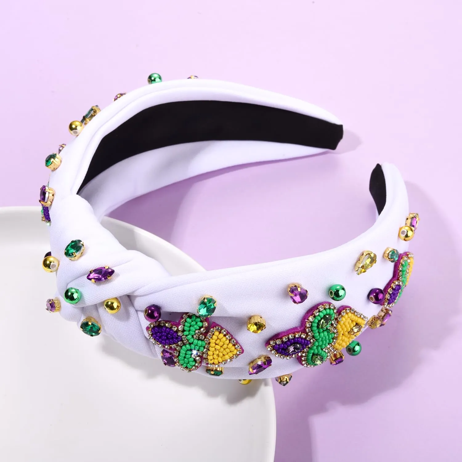 MOLOCH Mardi Gras Headband - Carnival Hair Accessories for Women, Beaded Fleur De Lis Knotted Crystal Jeweled Purple Green Gold Headband, Parade Party Gifts