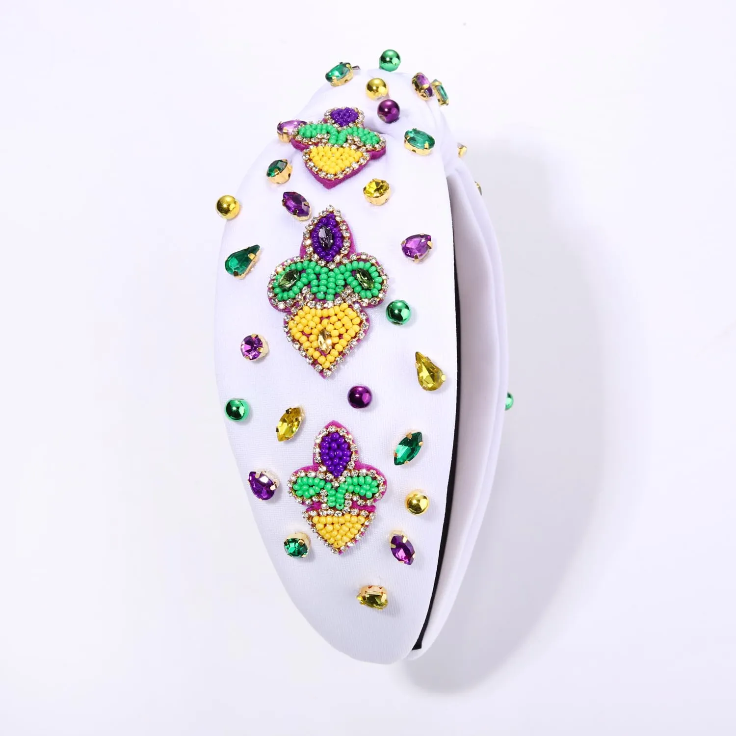 MOLOCH Mardi Gras Headband - Carnival Hair Accessories for Women, Beaded Fleur De Lis Knotted Crystal Jeweled Purple Green Gold Headband, Parade Party Gifts