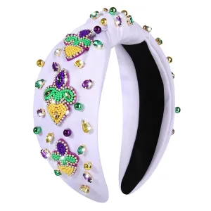 MOLOCH Mardi Gras Headband - Carnival Hair Accessories for Women, Beaded Fleur De Lis Knotted Crystal Jeweled Purple Green Gold Headband, Parade Party Gifts
