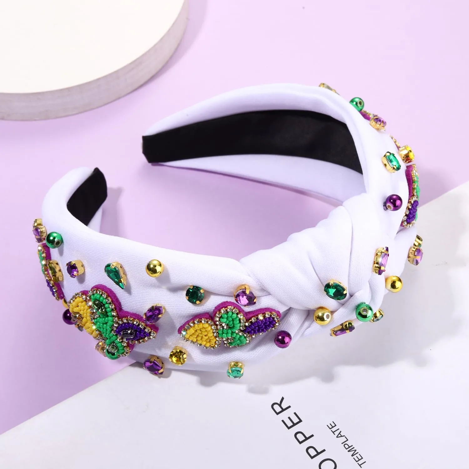 MOLOCH Mardi Gras Headband - Carnival Hair Accessories for Women, Beaded Fleur De Lis Knotted Crystal Jeweled Purple Green Gold Headband, Parade Party Gifts