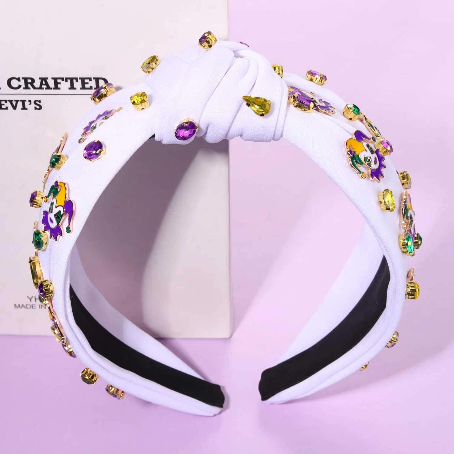 MOLOCH Mardi Gras Mask Crown Jester King Knotted Headband Purple Yellow Green Carnival Crystal Fat Tuesday Hair Accessories Gifts