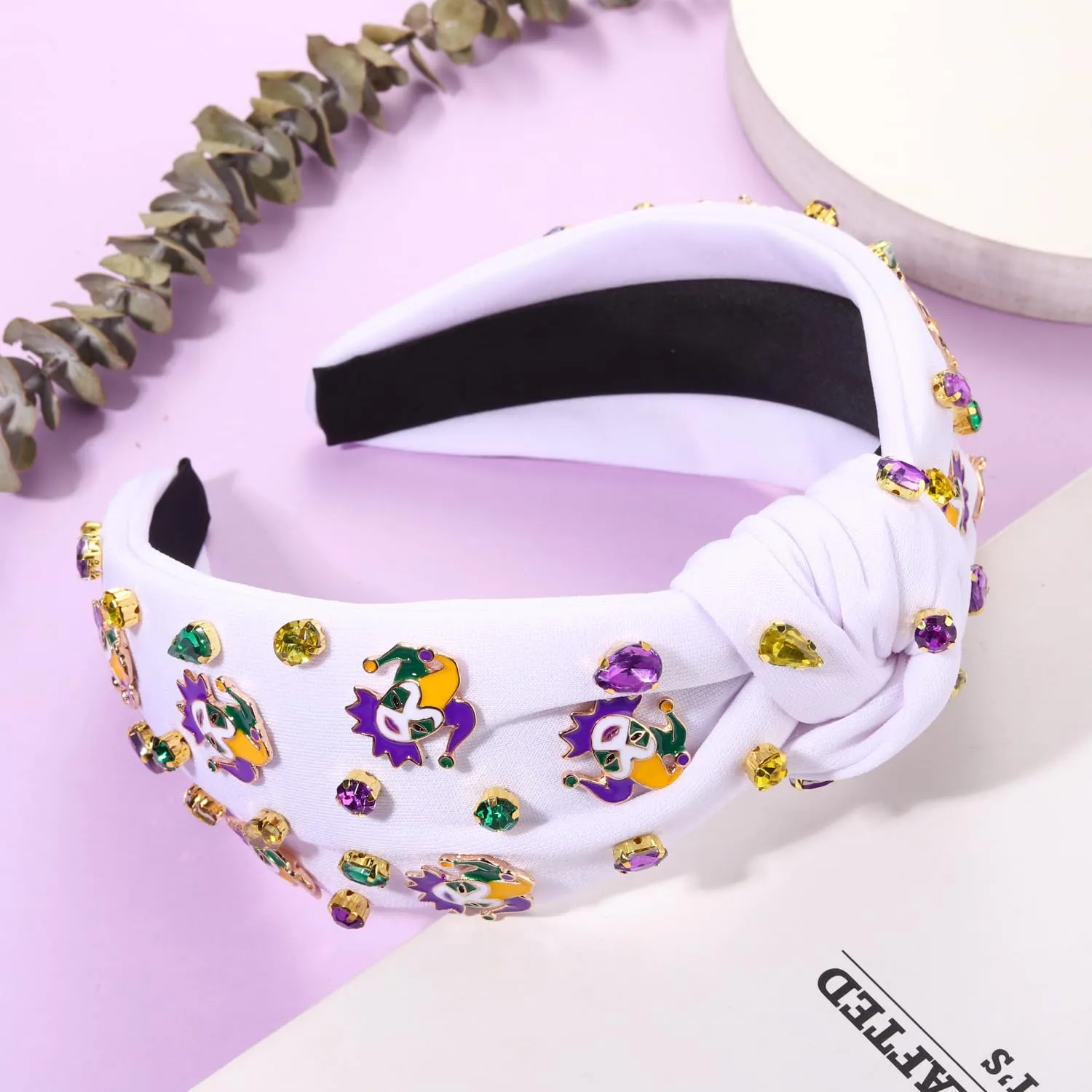 MOLOCH Mardi Gras Mask Crown Jester King Knotted Headband Purple Yellow Green Carnival Crystal Fat Tuesday Hair Accessories Gifts