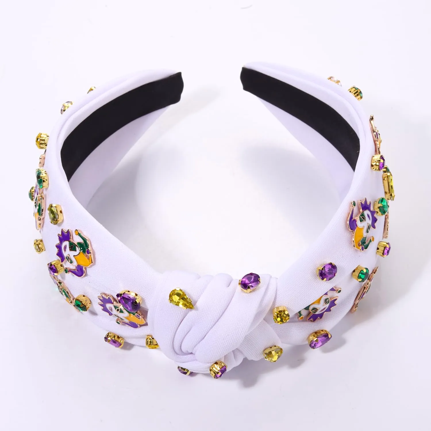 MOLOCH Mardi Gras Mask Crown Jester King Knotted Headband Purple Yellow Green Carnival Crystal Fat Tuesday Hair Accessories Gifts
