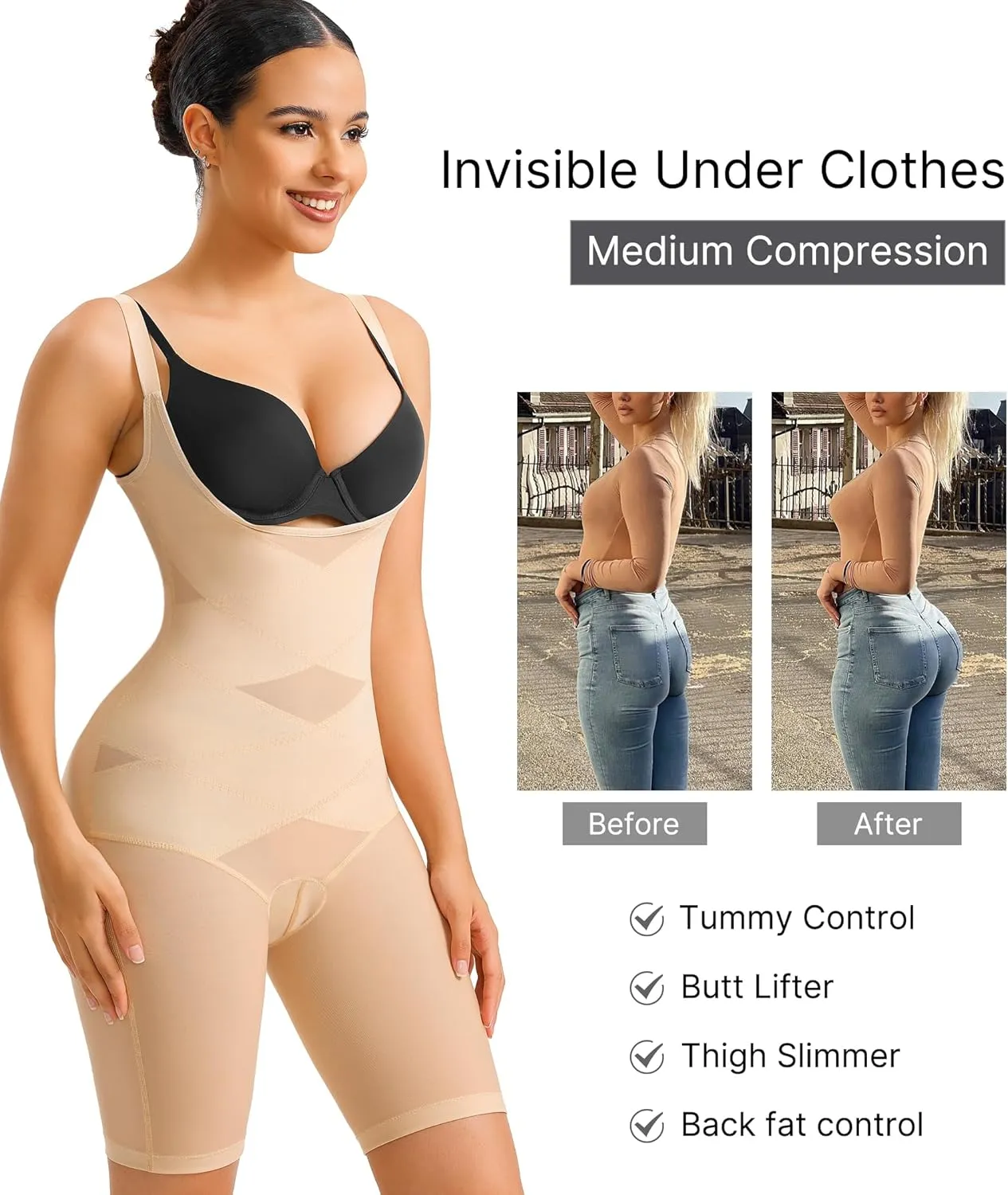Nebility Tummy Control Shapewear Bodysuits Open Bust Full Body Shapewear Seamless Faja Body Shaper