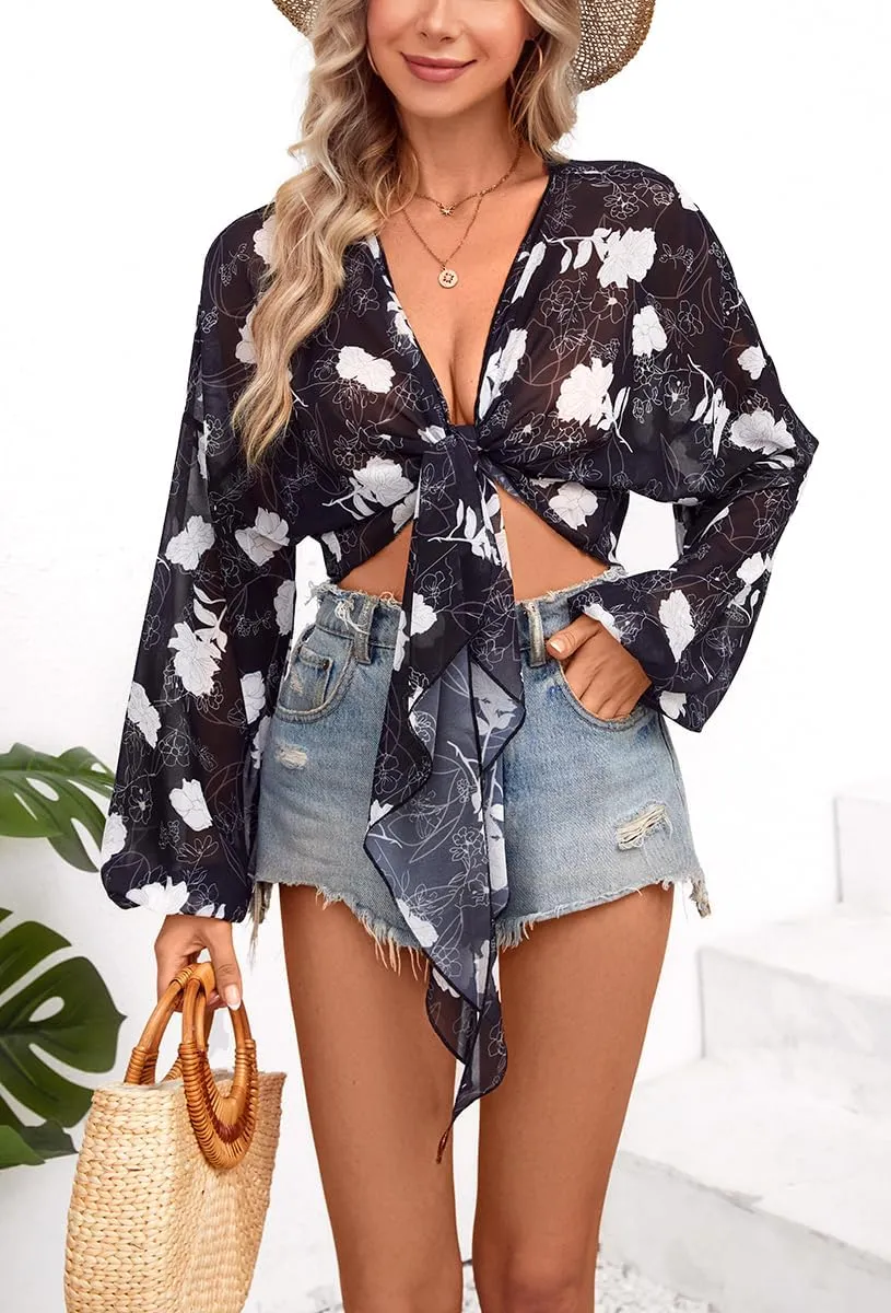 olrain Women Tie Front Beach Cove Up Chiffon Kimono Crop Top Swimming Bikini Bathing Long Sleeve Beach Shirt for Women