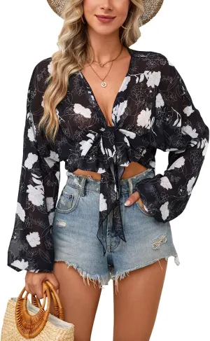 olrain Women Tie Front Beach Cove Up Chiffon Kimono Crop Top Swimming Bikini Bathing Long Sleeve Beach Shirt for Women