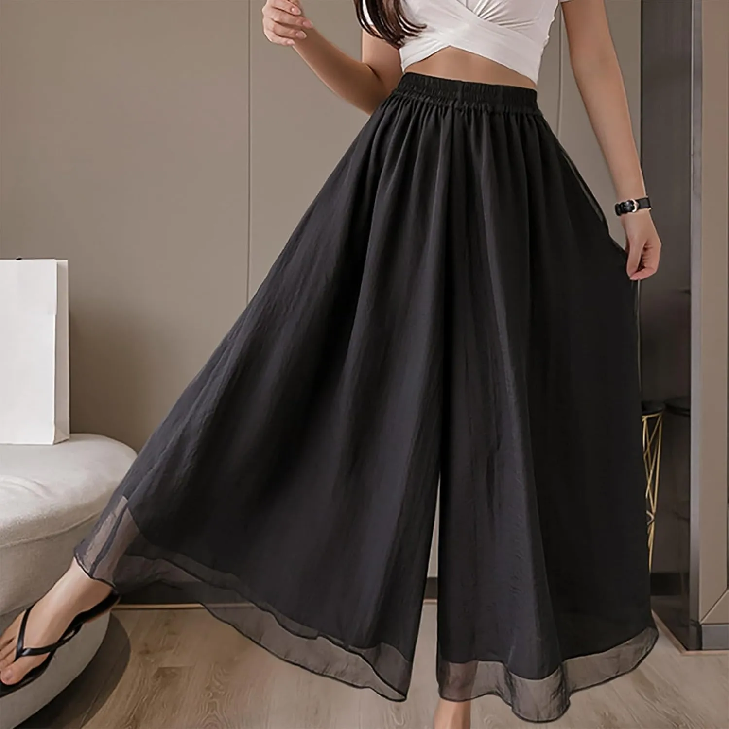Oplxuo Womens Layered Wide Leg Pants High Waist Chiffon Flowy Palazzo Casual Loose Summer Beach Solid Trousers