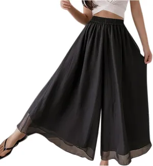 Oplxuo Womens Layered Wide Leg Pants High Waist Chiffon Flowy Palazzo Casual Loose Summer Beach Solid Trousers