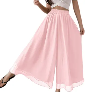 Oplxuo Womens Layered Wide Leg Pants High Waist Chiffon Flowy Palazzo Casual Loose Summer Beach Solid Trousers