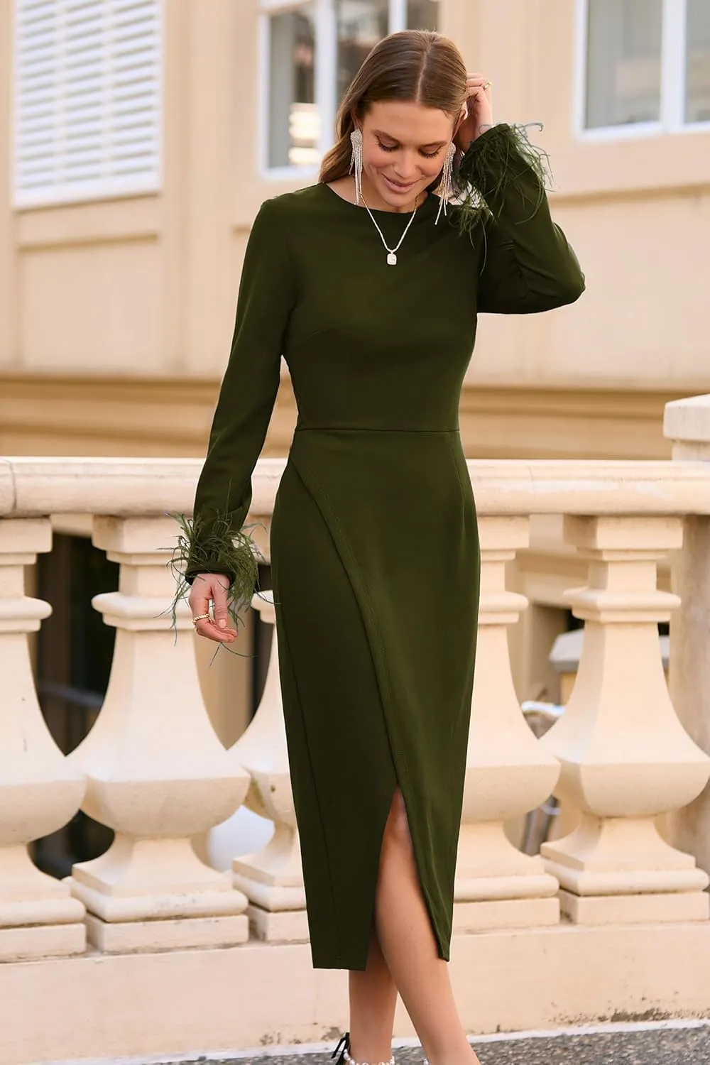 PRETTYGARDEN Women's 2025 Fall Long Sleeve Dress Formal Midi Bodycon Wrap Slit Feather Elegant Wedding Guest Cocktail Dresses