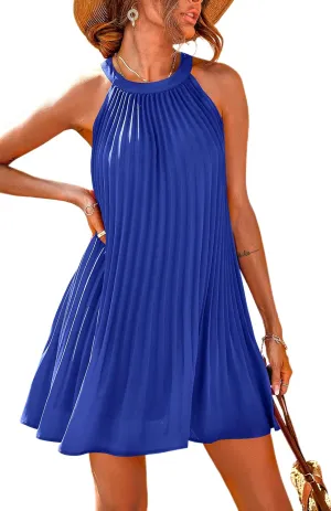 PRETTYGARDEN Women's Cute Halter Neck Sleeveless Mini Dress Solid Color Flowy Pleated Beach Dress Sundress