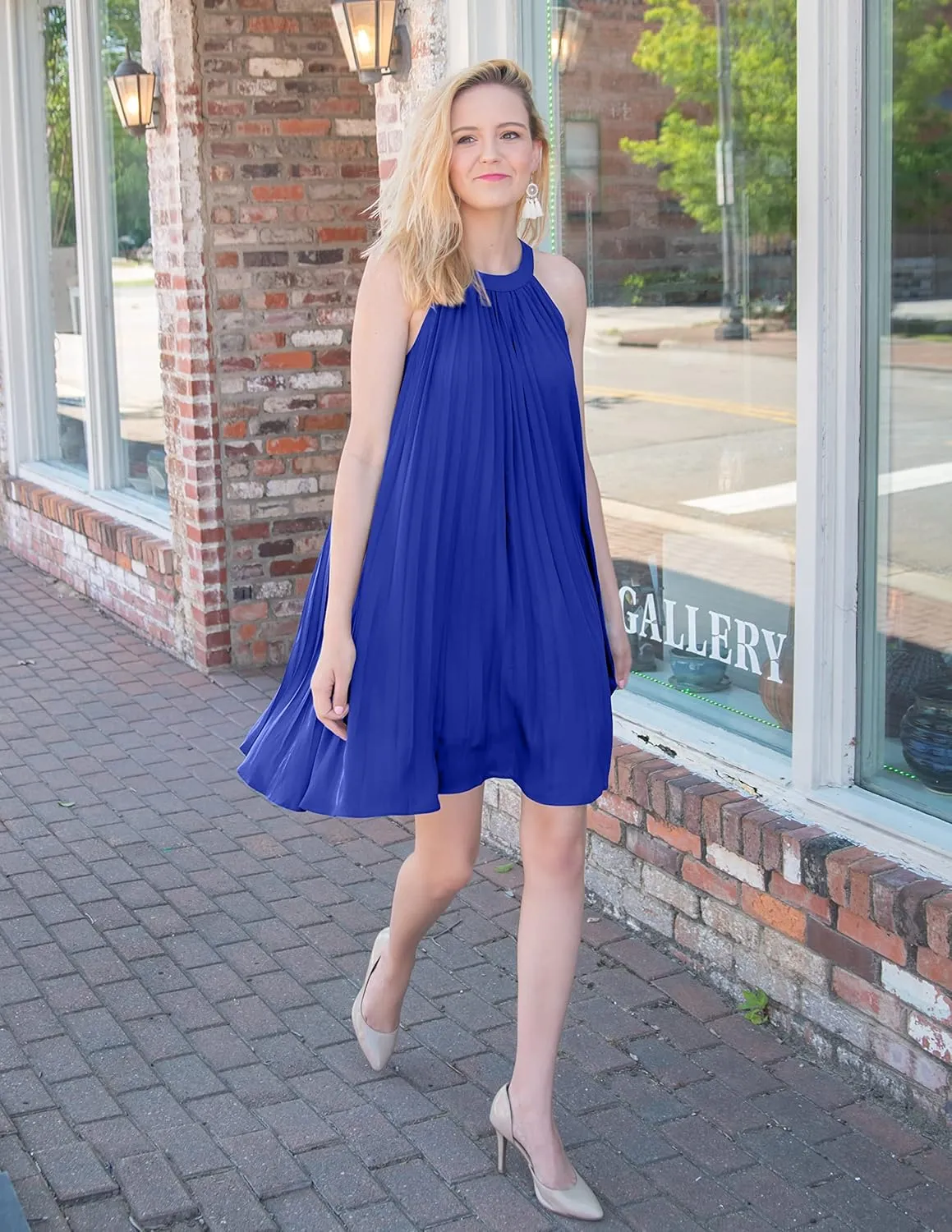PRETTYGARDEN Women's Cute Halter Neck Sleeveless Mini Dress Solid Color Flowy Pleated Beach Dress Sundress