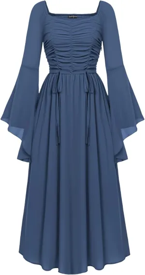 Scarlet Darkness Women 2024 Renaissance Chiffon Dress Medieval Costume Ruched Cottagecore Dress