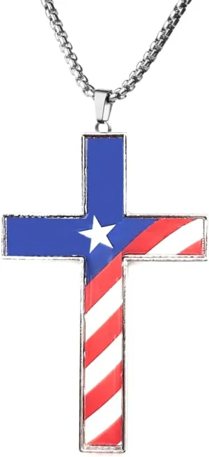 Stainless Steel Puerto Rico Flag Cross Pendant Necklace - - Patriotic Religious Jewelry for Men or women. 24 inch Stainless Steel Chain - Collar con Colgante de Cruz de la Bandera de Puerto Rico