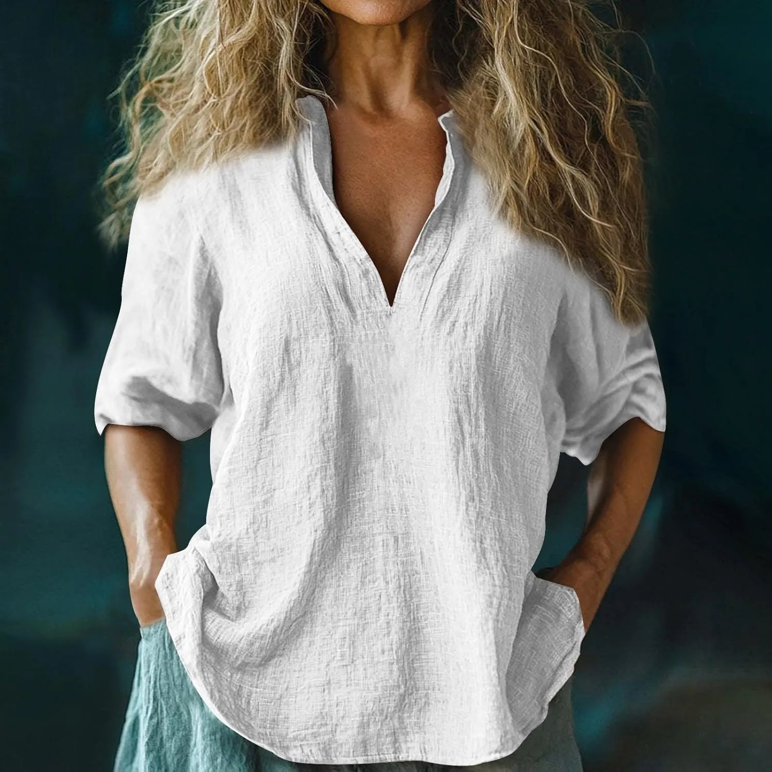 Summer Women Short Sleeve Cotton Linen Tops Trendy Baggy T Shirt V-Neck Button-Down Shirts Casual Breathable Blouse