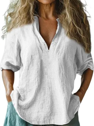 Summer Women Short Sleeve Cotton Linen Tops Trendy Baggy T Shirt V-Neck Button-Down Shirts Casual Breathable Blouse
