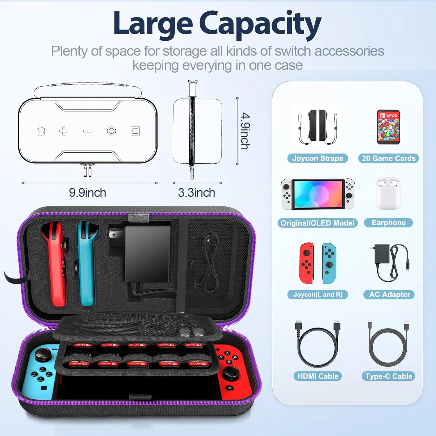 Switch OLED Carrying Case Compatible with Nintendo Switch & Switch OLED, Portable Switch Travel Carry Case Fit for Joy-Con and Adapter, Hard Shell Protective Switch Pouch Case with 20 Games, Purple