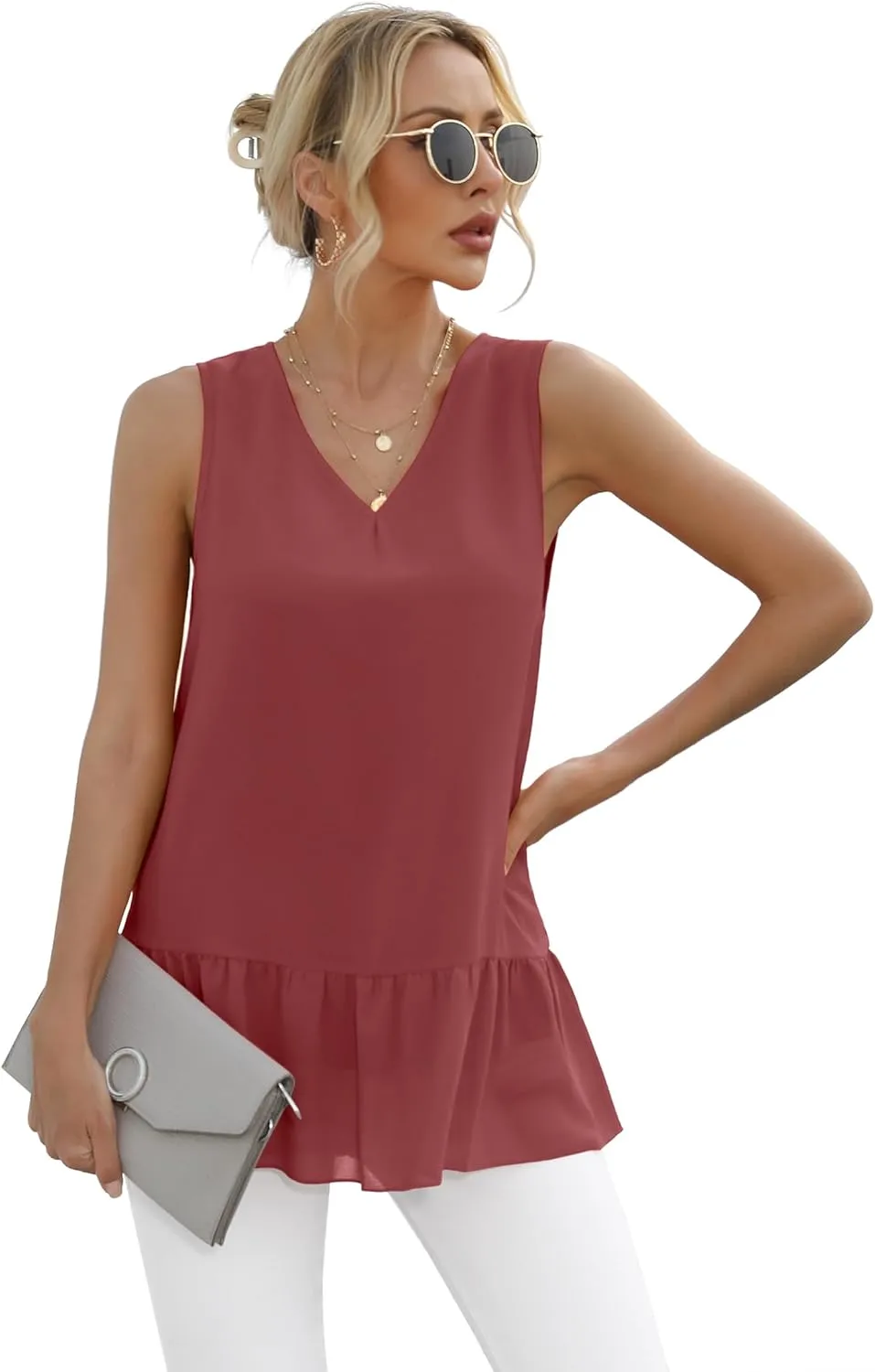 VIISHOW Women's 2023 Summer Sleeveless V Neck Chiffon Tank Top Double Layers Ruffle Hem Casual Blouse Tunic