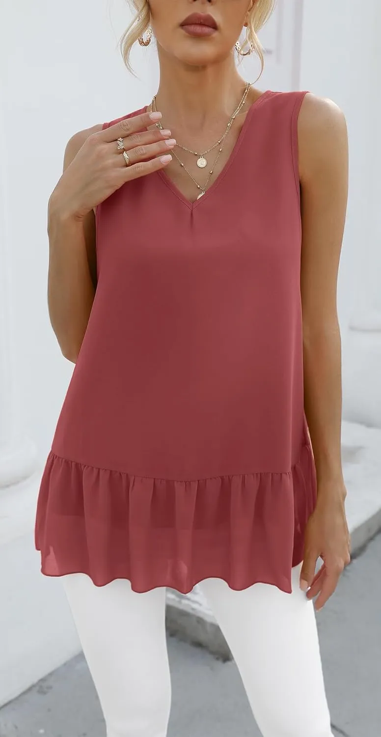 VIISHOW Women's 2023 Summer Sleeveless V Neck Chiffon Tank Top Double Layers Ruffle Hem Casual Blouse Tunic